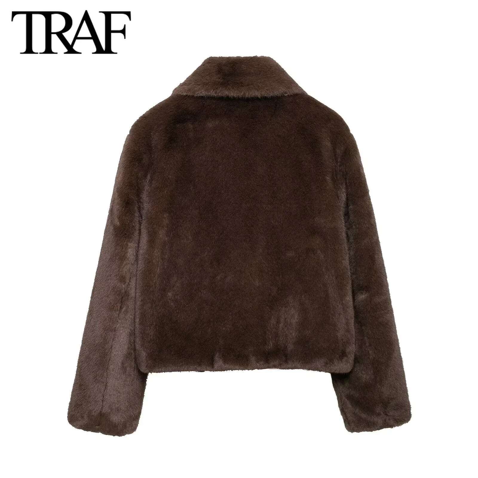 TRAF Faux Jacket For Women Fashion 2024 Winter New Artificial Fur Effect Lapel Long Sleeved Short Coats Chic Ladies Top