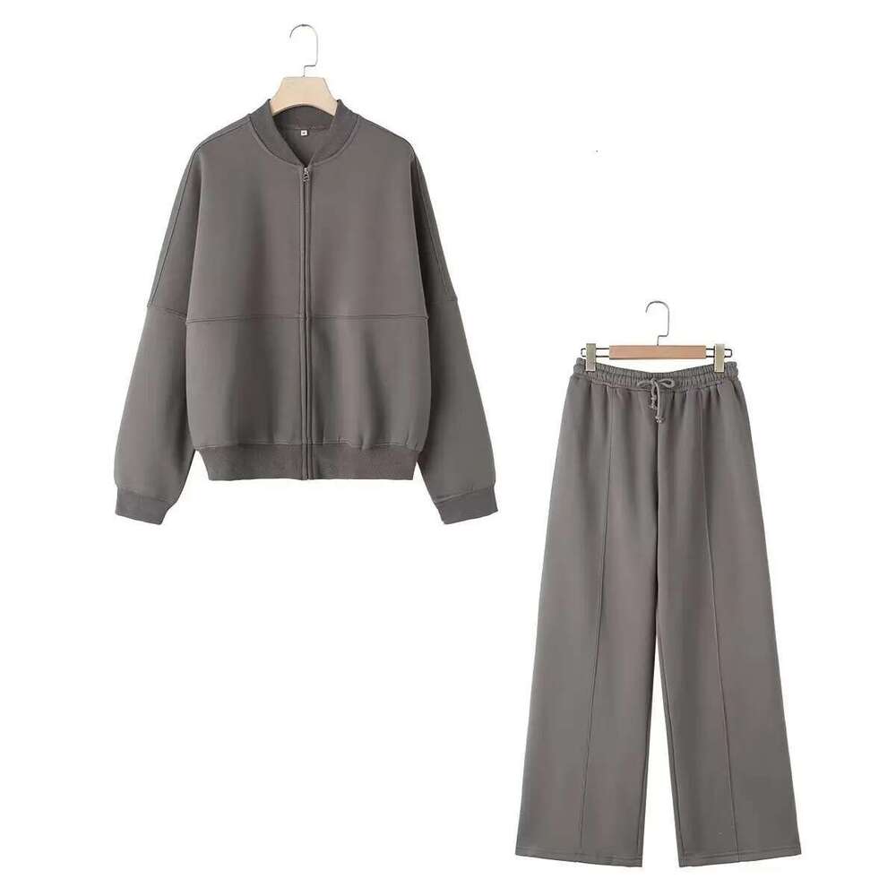 Women's Wear 2-Piece Retro Solid Color Zipper Bomber Jacket Sweatshirt + High-Waisted Lace-Up Women's Loose Veet Pants Suit