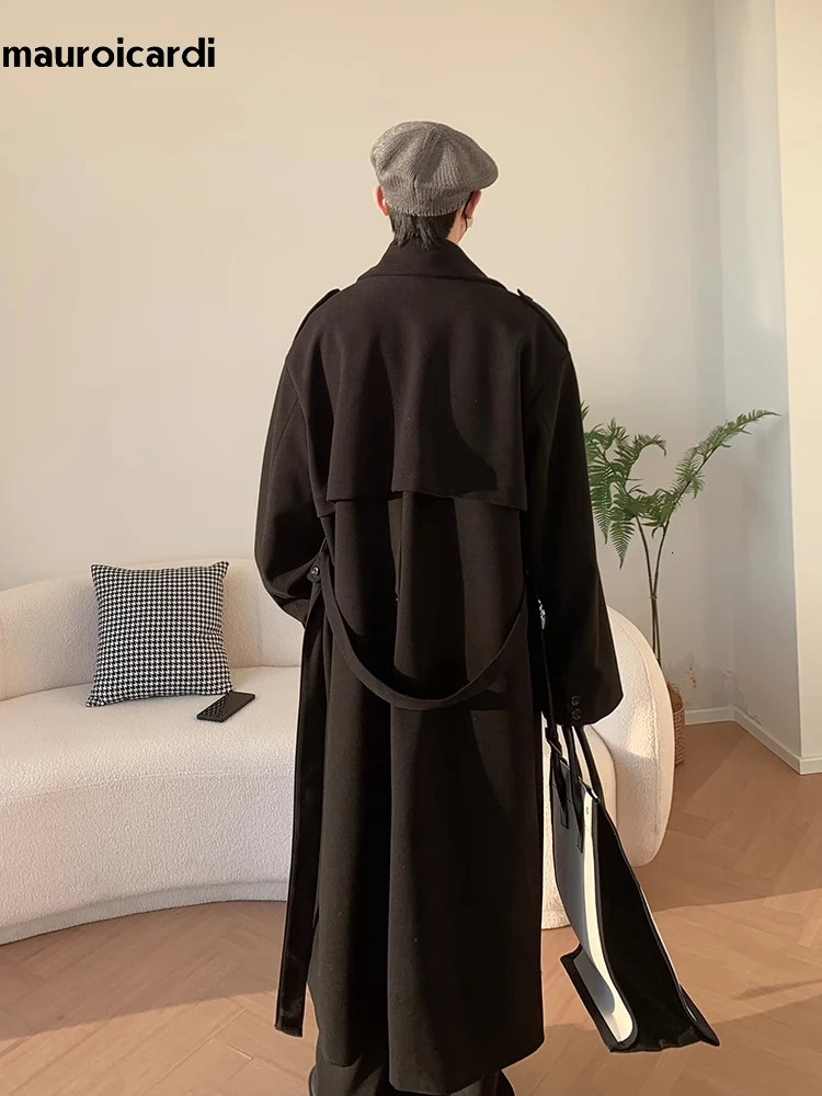 Mauroicardi Autumn Winter Long Oversized Windproof Black Warm Woolen Coat Men Sashes Double Breasted Wool Blends Overcoat 2023 250106