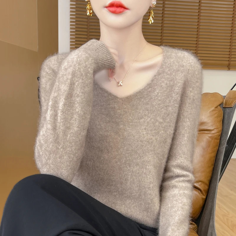 Fashion Pullover 100% Merino Wool Women Sweater VNeck Long Sleeve Basic Jumper Spring Autumn Winter Clothing Knitwear Tops 250108