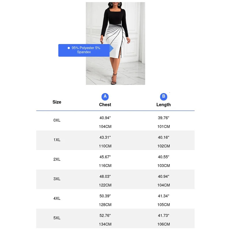 Plus Size Womens Elegant Dress Geometric Pattern Color Contrast Printed LongSleeve Bag Buttock Slit Elastic 250106