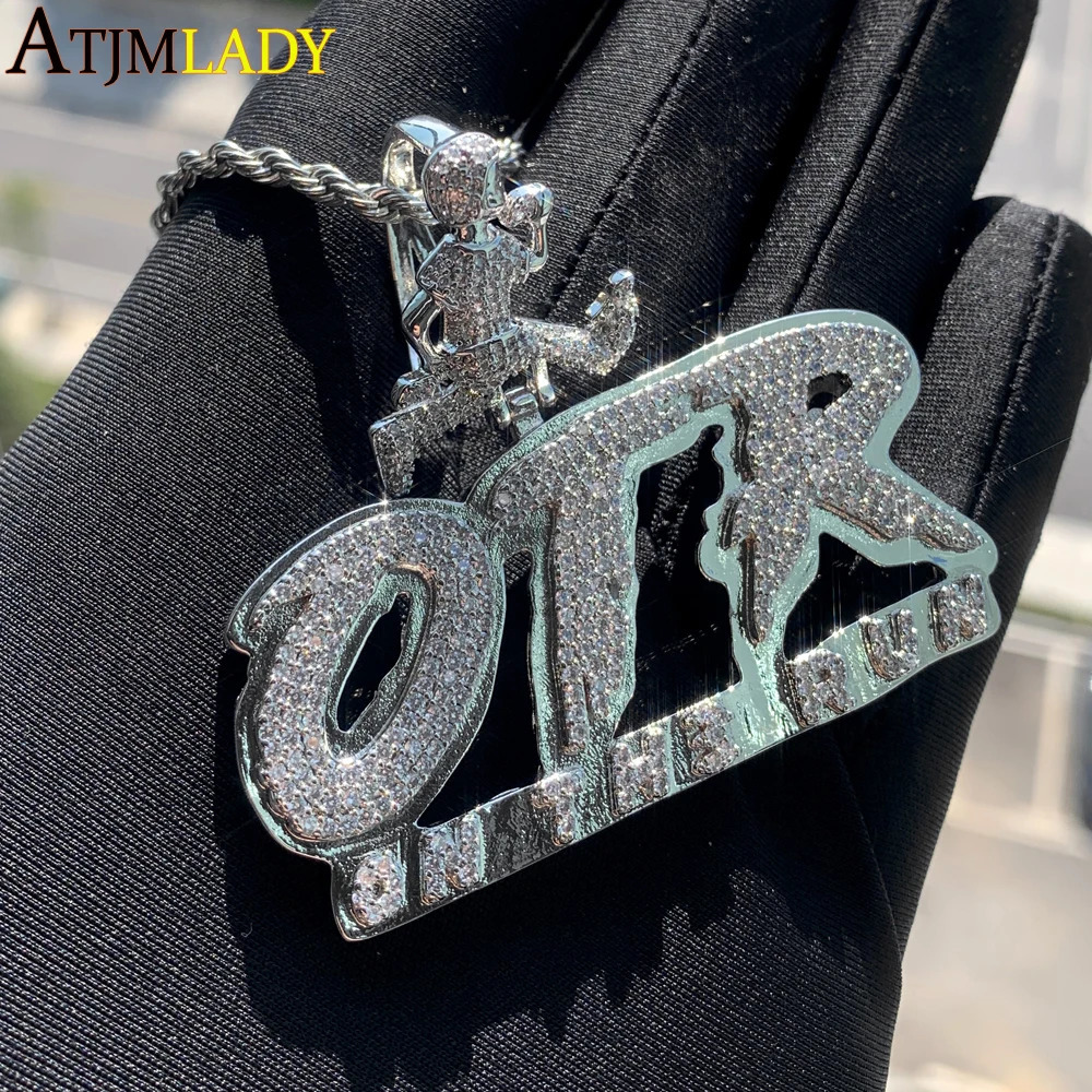 OTR Letters Pendant Necklace Iced Out Bling CZ Stones Men Charms Fashion Jewelry 250109