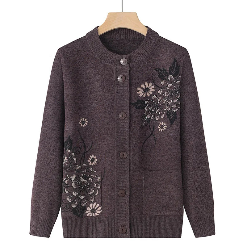 Korean Womens Clothes Knit Woolen Printed Cardigan Coat Middle Aged Mother Knitwear Tops Vintage Grandma Sweater Jacket 250108