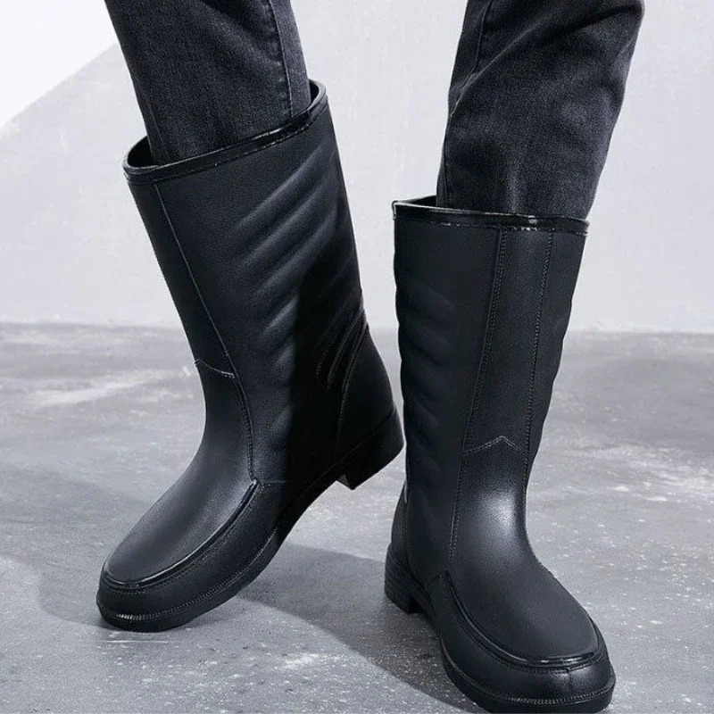 Biker Motorcycle High Quality Wear-resistant Mens Rain Boots Mud Teenagers Rainy Day Loafers Without Lacing Male Shoes 250106