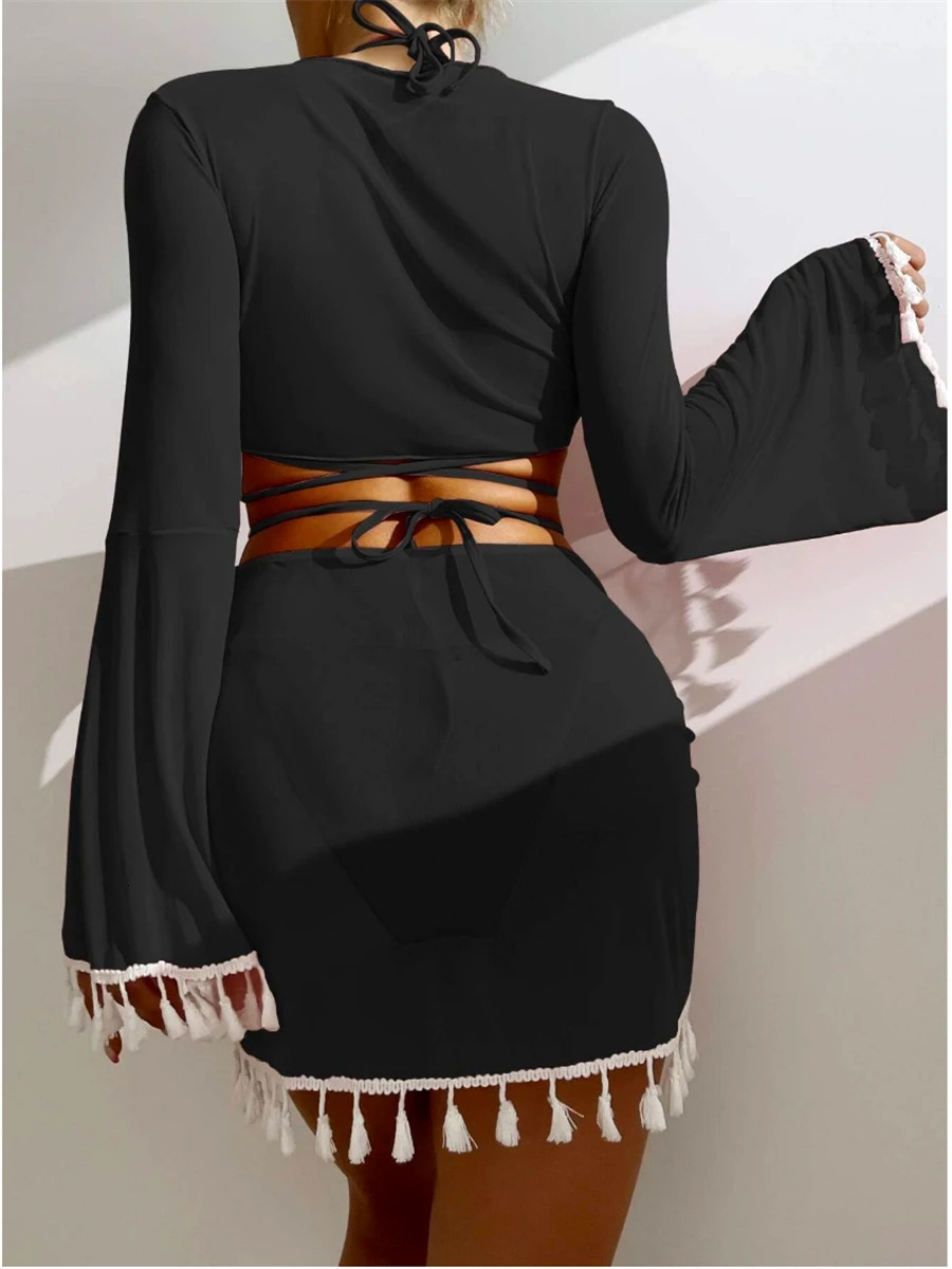 Sexy 4 Pieces Halter Bikinis Women Solid Swimwear Female Cover Up Swimsuit Long Sleeve And Skirt Bathing Suit Beachwear Summer250107