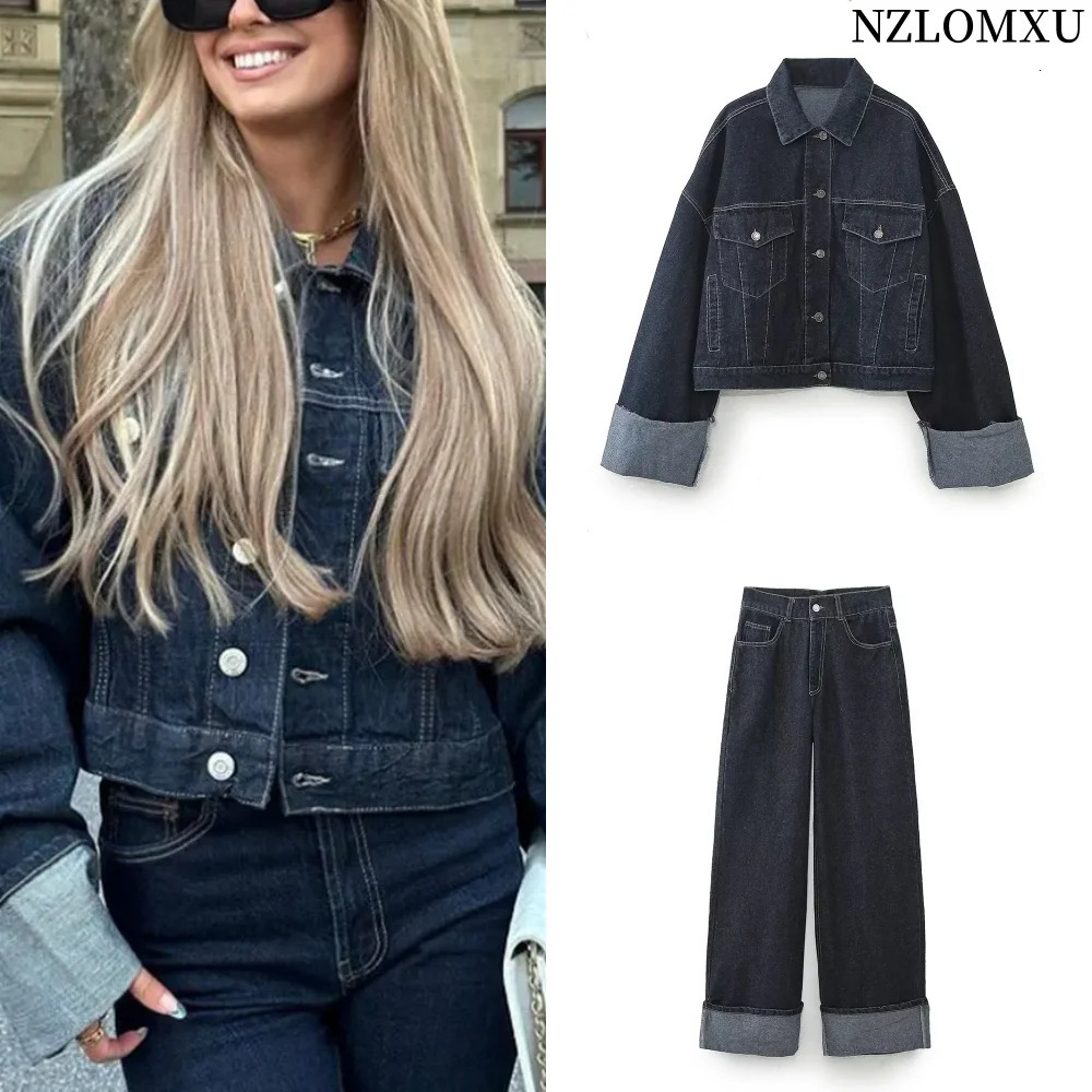 Autumn Women Fashion Loose Short Denim Jacket Draped Wideleg Jean 2 Piece Set Suit 250106