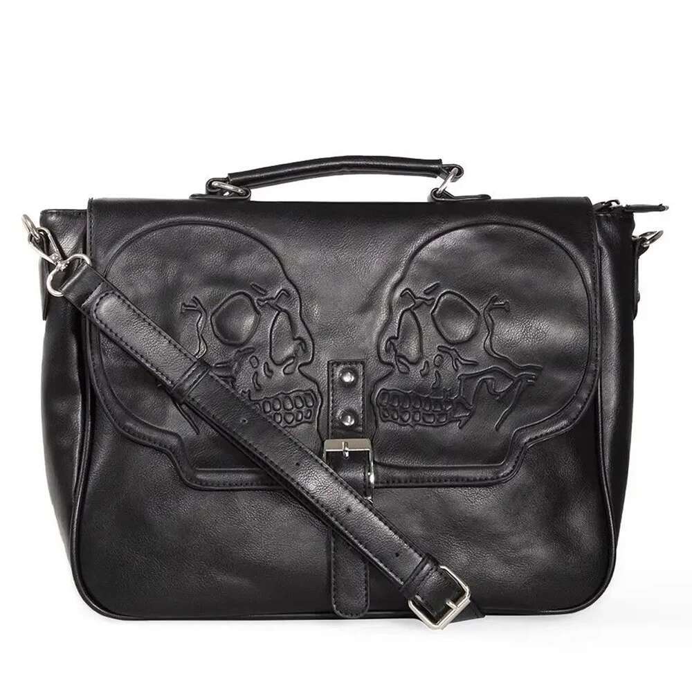 Annmouler Large Capacity Gothic Skull Handbag Designer Women Punk Tote Y2k Crossbody Bag With Long Strap Emed Briefcase