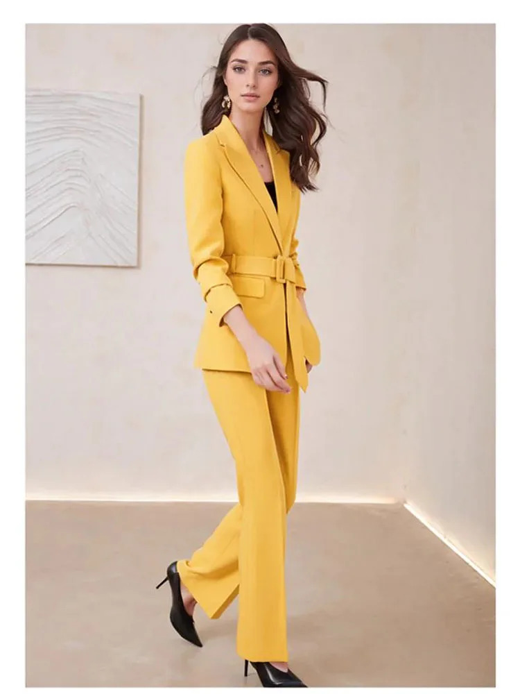 Elegant Fashion Lace Up Blazer Sets for Women 2 Pieces Autumn Chic Casual Long Sleeves Flare Pant Female Clothing Suit 250109