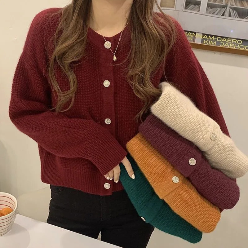 Vintage Solid Color Sweaters For Women Button Knitted Round Neck Comfortable Autumn Winter Fashion Cardigan 250108