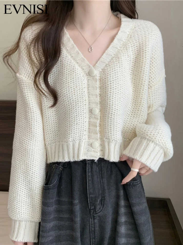 EVNISI Women Slim Sweater Cardigan V-Neck Button Up Casual Solid Knitting Sweater Coat Sweet For Women Cardigan Coat Autumn 250106