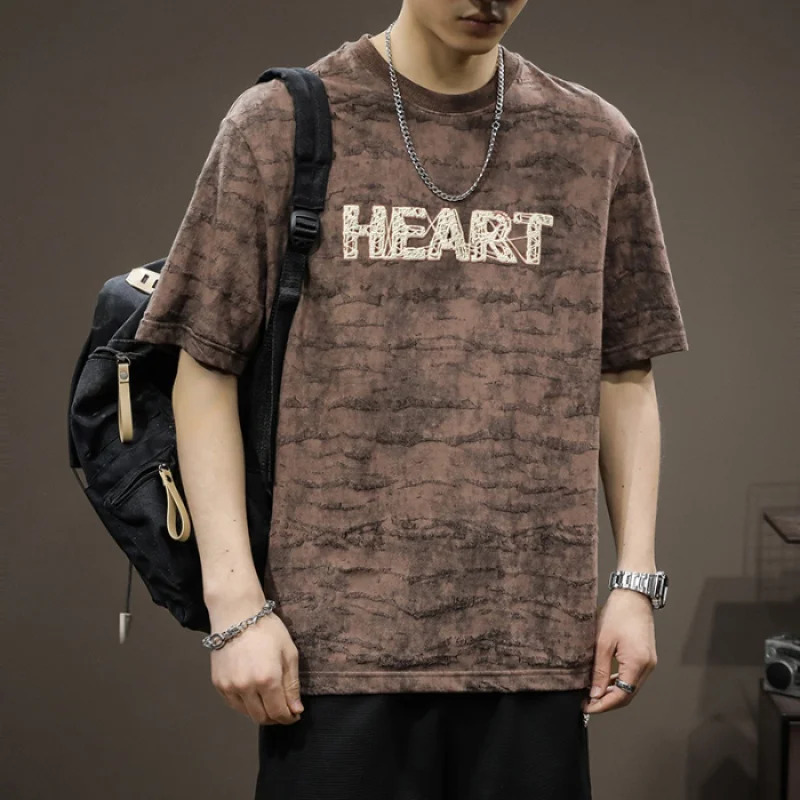 Summer Round Neck Heavyweight Tshirt Mens American Retro distressed Washed Cotton Fashion Trend Letter y Top 250106