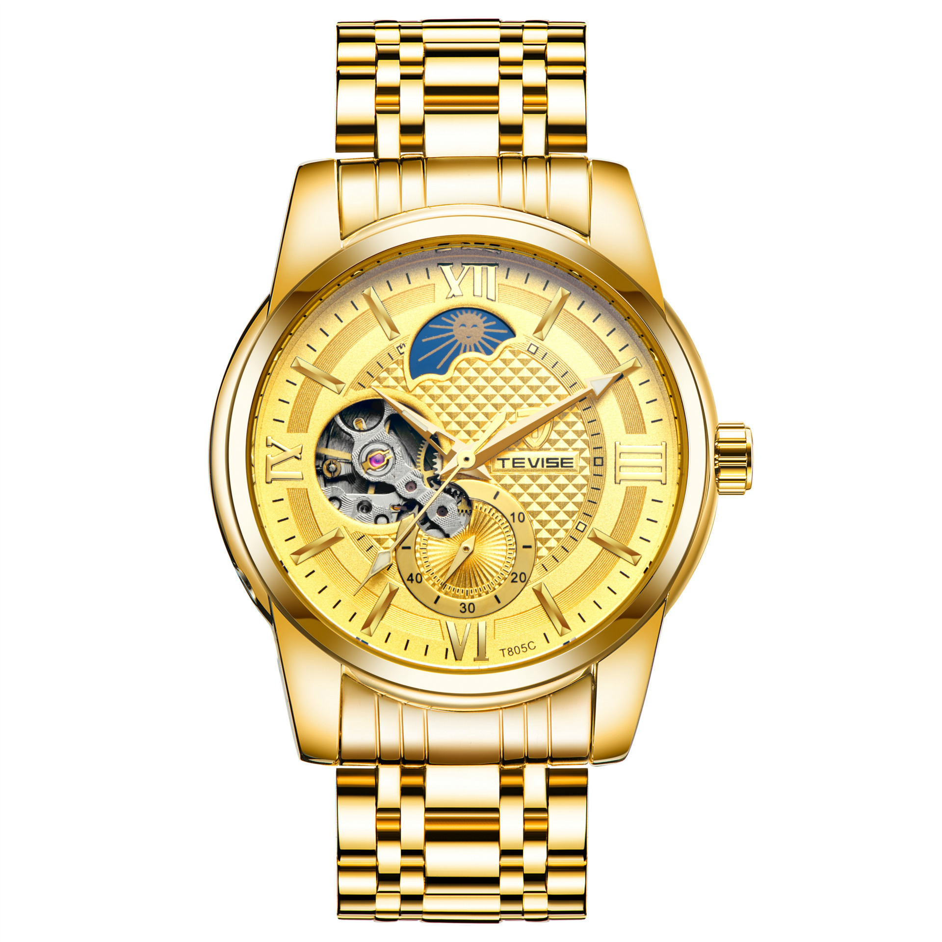 TEVISE Mens Automatic Mechanical Business Watch with Stainless Steel Strap Moonwatch Phase and Waterproof Function T046-T805C