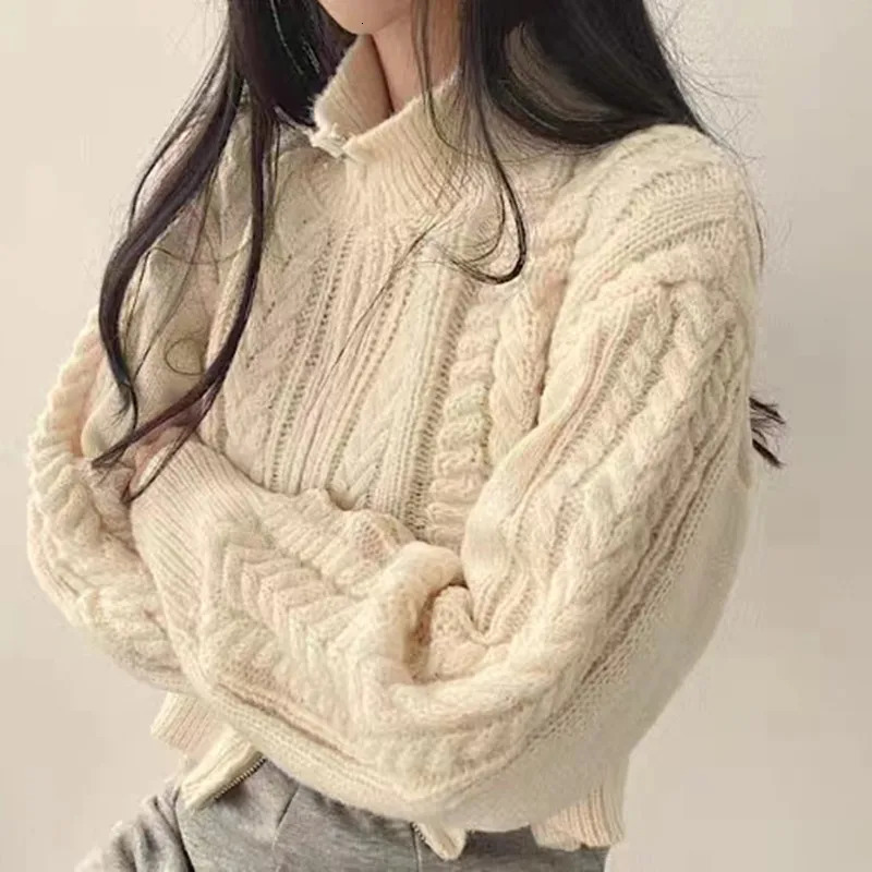 Twists Knit Short Coat Long Sleeve Zipper Sweater Casual Women Cardigan Vintage Winter Korean Chic Elegant Lady Trend Top 250106