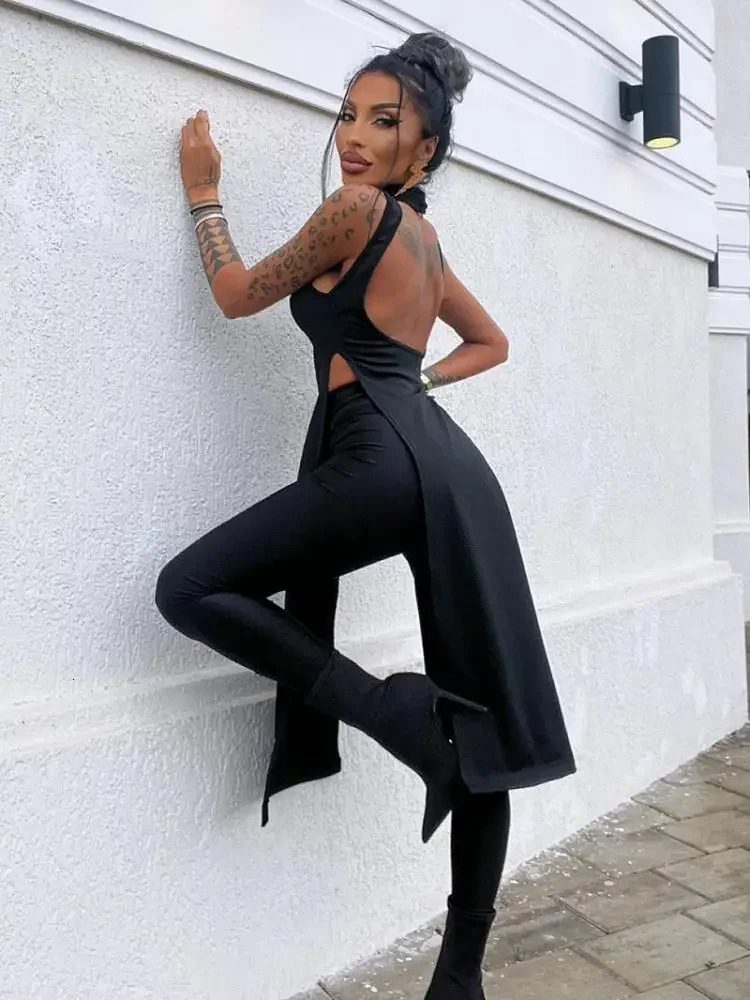 Oshoplive Summer Backless SplitSide HighNeck Vest Top Leggings Suits Casual High Street Two Pieces Set For Women 250106