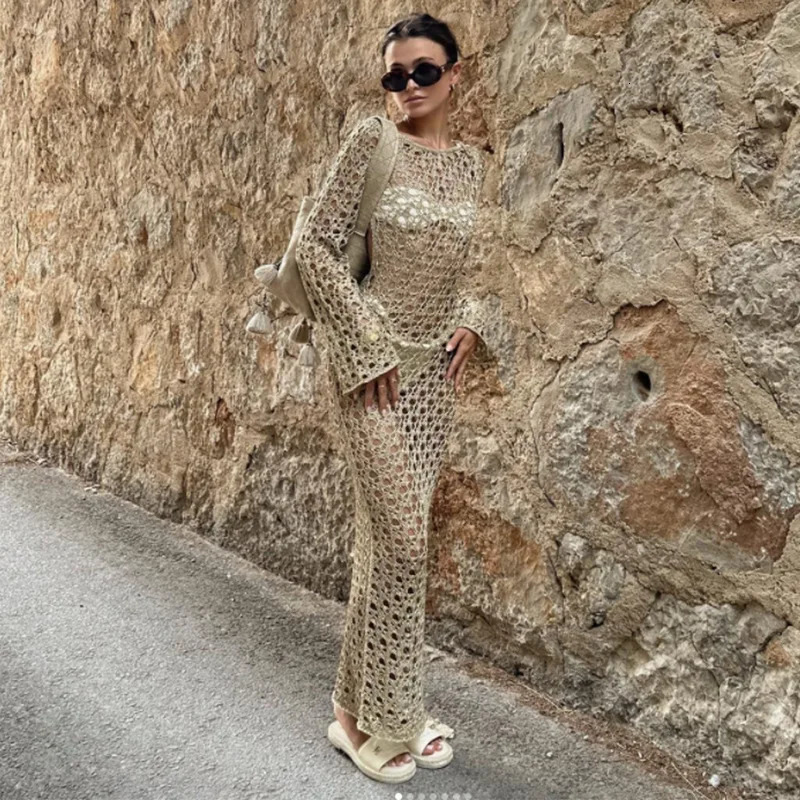 European and American Beach Dress Women Knitted Hollow Solid Color Sexy Open Back Lace Long Sleeved Bikini Cover Ups 250106