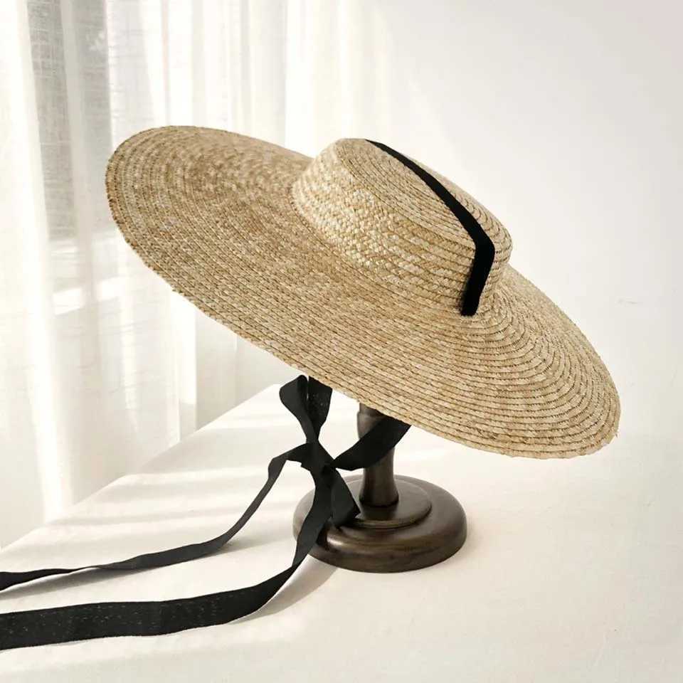 Wide Brim Rowing Hat 15cm 18cm Brim Straw Hat Flat Brim Summer Hat White Black Ribbon Tie Sun Hat X250109