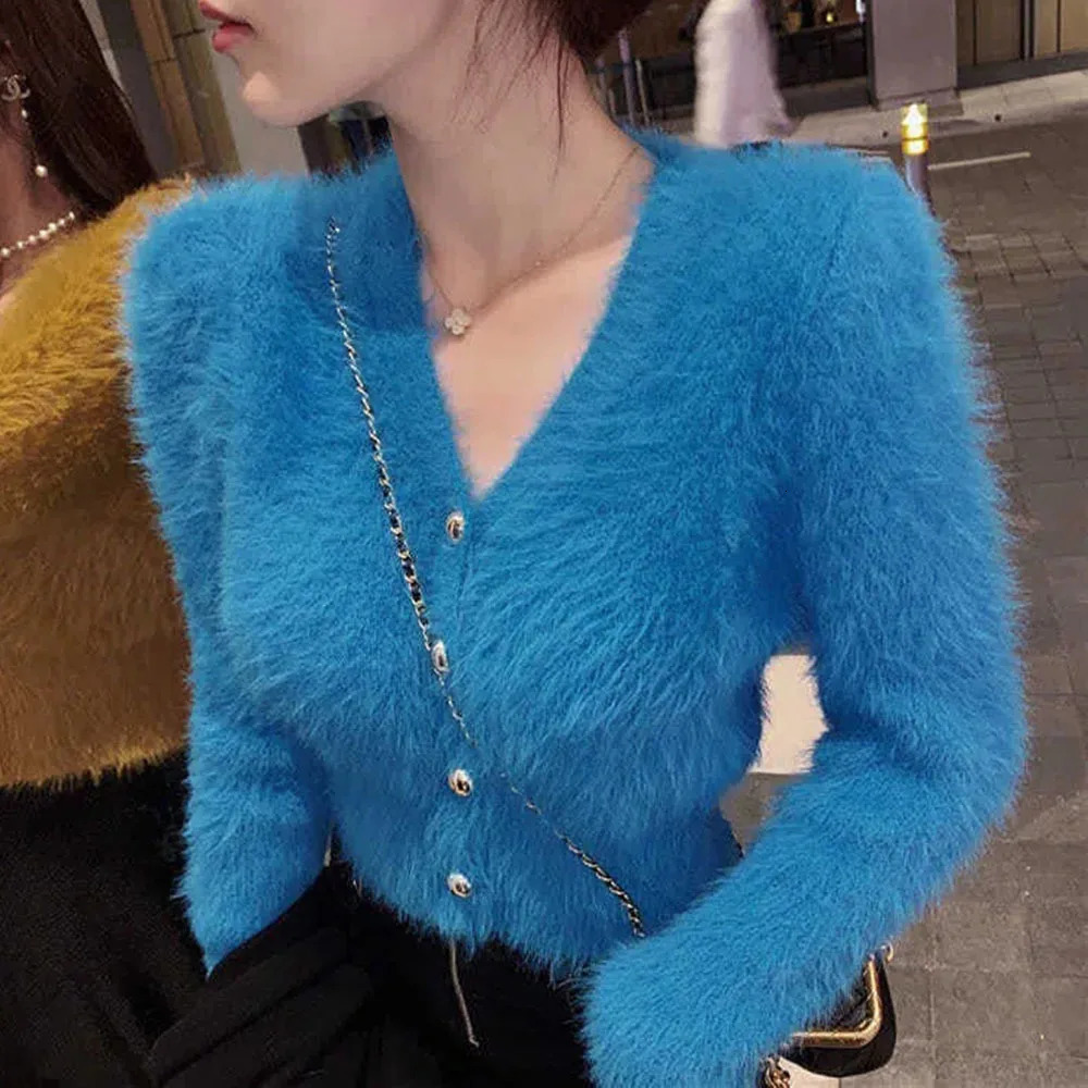 Mohair Knitted Cardigan V Neck Crop White Sweater Retro Casual Lazy Oversize Sueters Sweaters For Women Solid Fur Clothes Jacket 250108