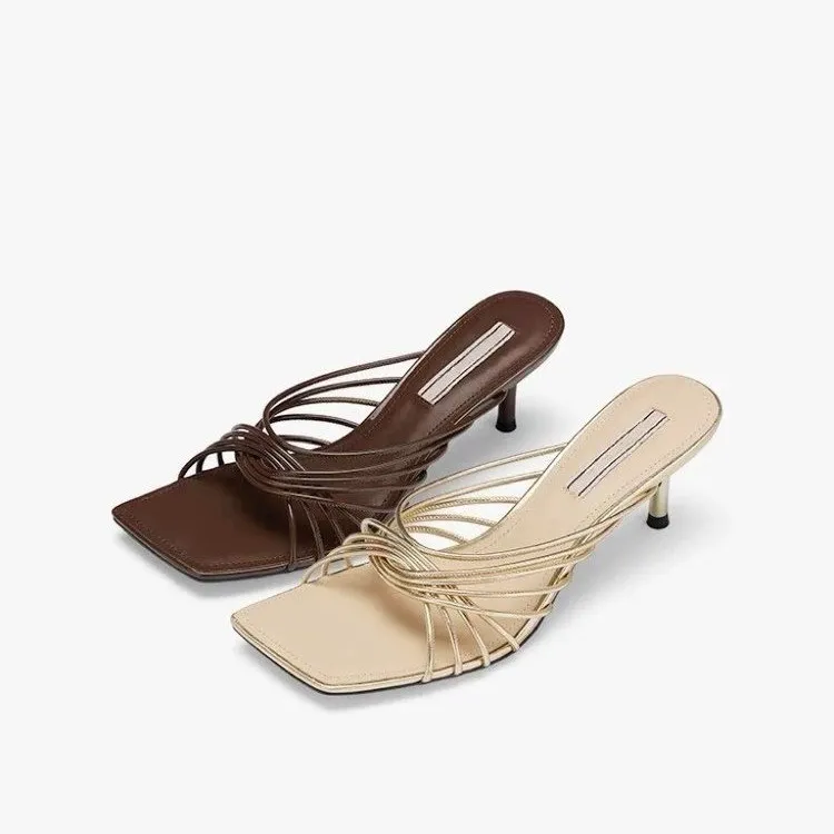 Ladies' Elegant High Heel Slip-On Mules with Cutouts - Fashionable Strappy Designer Footwear