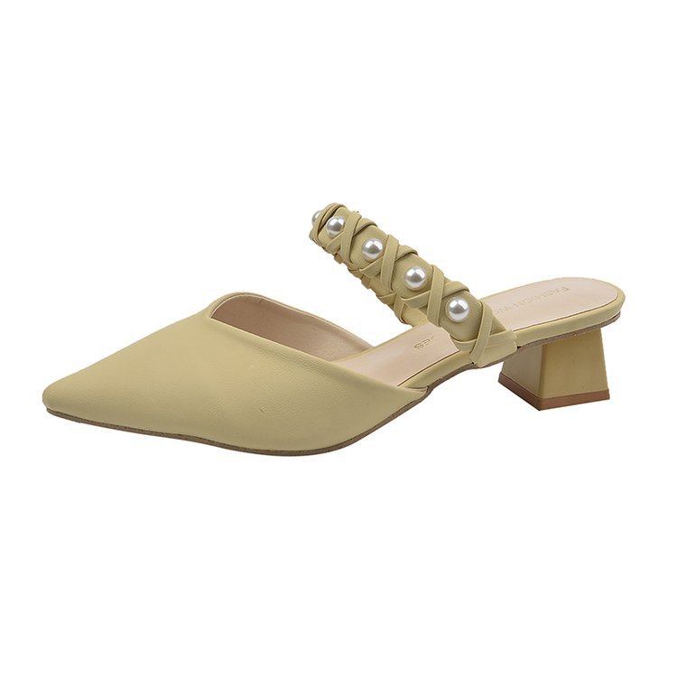 Women hot Slippers New Fashion Design Pearl High Heel Pointed Toe Sandals Triple Beige Yellow Free shipping
