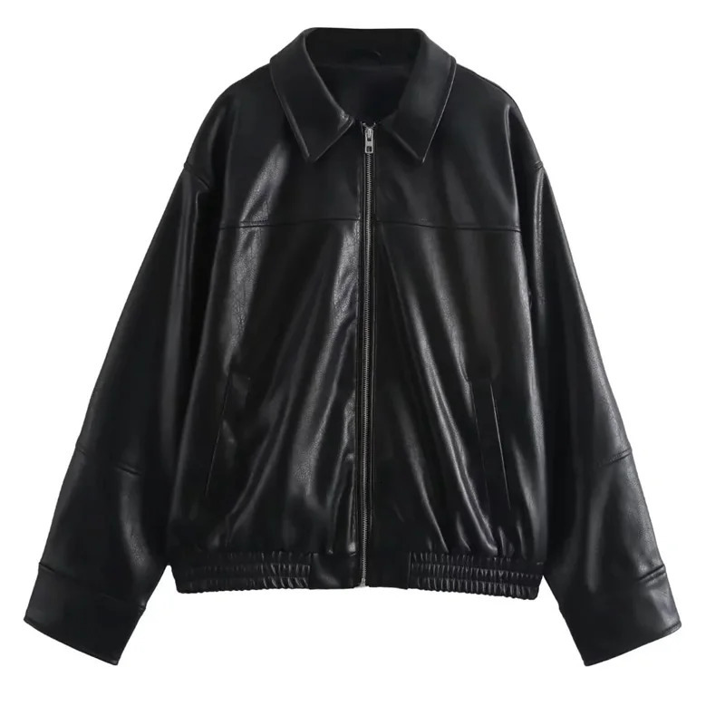 TRAF Womens Jackets Cropped Faux Leather Jacket Women Autumn Long Sleeve Black Bomber Fashion DemiSeason 250103