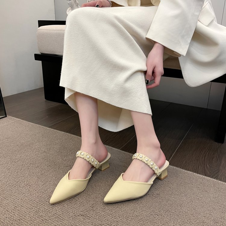 Women hot Slippers New Fashion Design Pearl High Heel Pointed Toe Sandals Triple Beige Yellow Free shipping