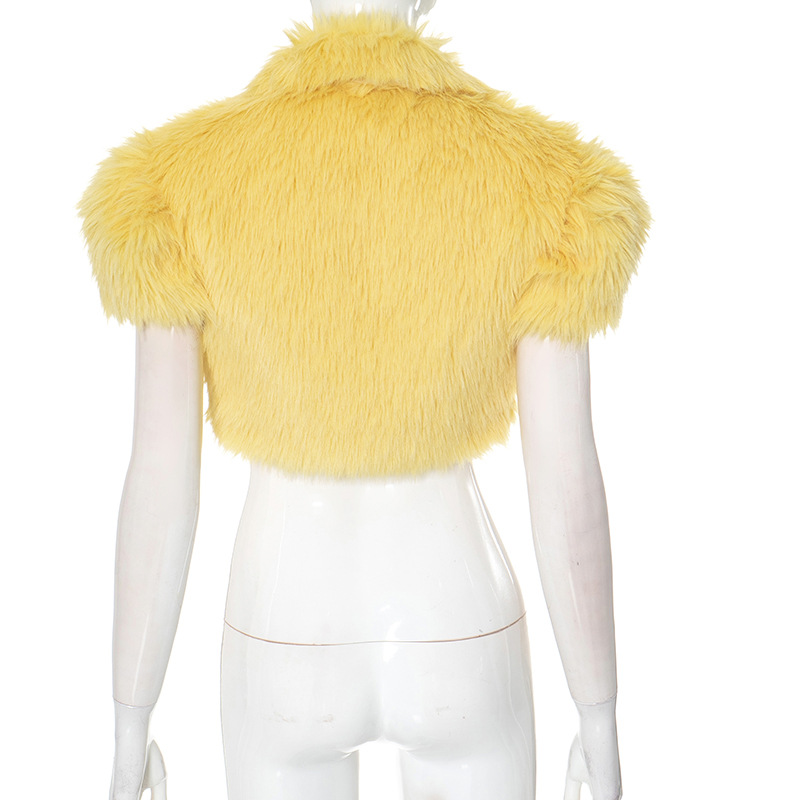 Women's Jackets Faux Fur Women Jackets Crop Top Turn Down Collar Short Sleeves Belt Buckles Cardigans Coat Fashion Warm Vest Outerwear