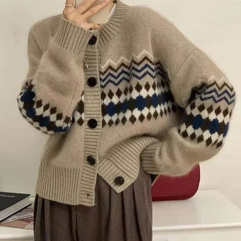 Autumn Winter Office Lady's All-Match Knitted Fair Isle Sweater O-Neck Long Sleeve Top Retro Elegant Women's Clothing Cardigan