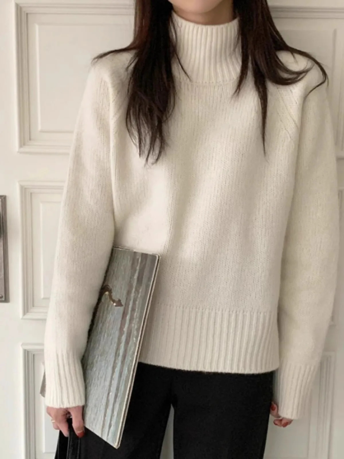 Euroamerican style autumn and winter turtleneck slit 100% pure cashmere sweater for women loose thick knit wool base 250108