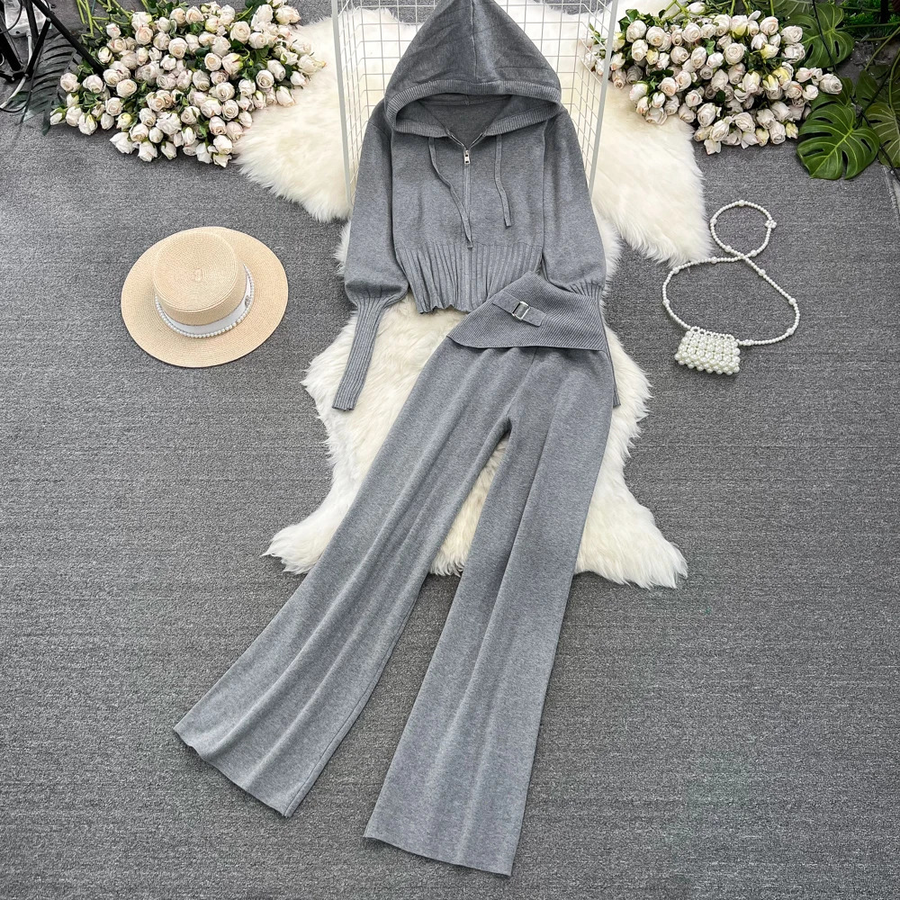 REALEFT Autumn Winter 2 Pieces Womens Sets Knitting Tracksuit Zipper Hooded Sweater and Wide Leg Pants Suits 250106