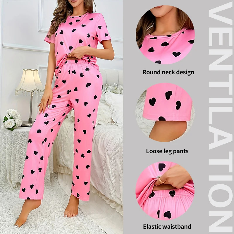 Two Piece Summer Selling Womens Home Leisure and Comfortable Pink Print Love Pajama Set 250110