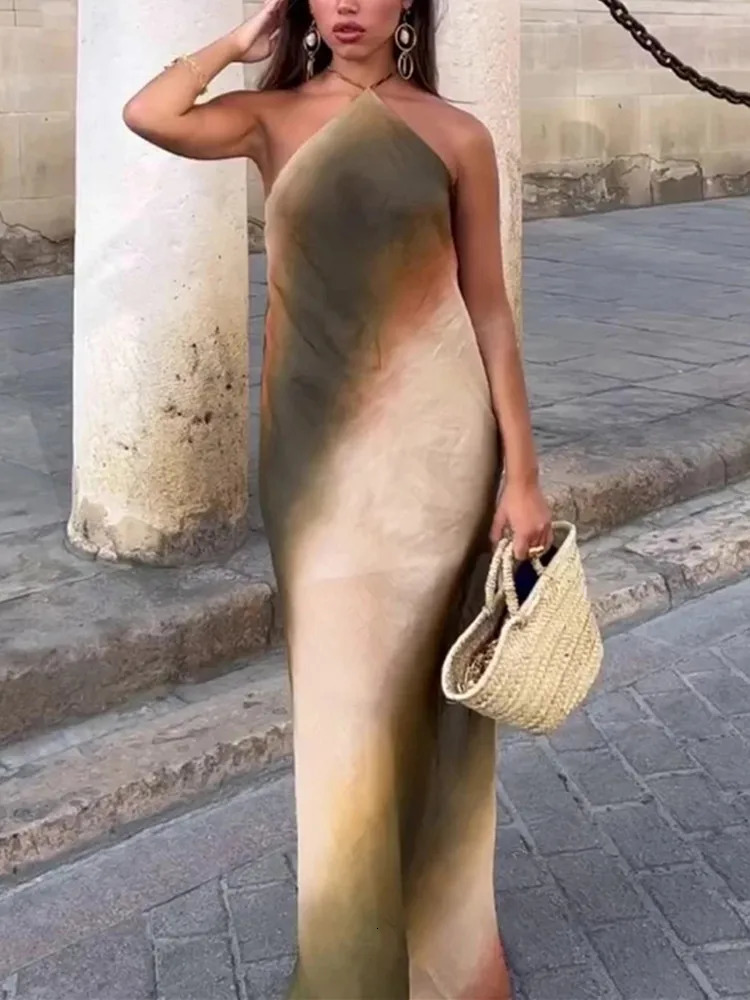 TRAF Tie dye Halter Long Dress Women Off Shoulder Sleeveless Backless Summer Vintage Dresses Woman Party 250106