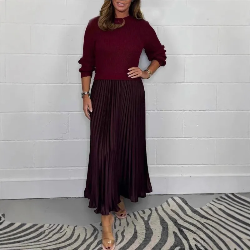 Autumn Winter Women Dress Twopiece Knitted Sweater Pleated Skirt Patchwork Long Sleeve Round Neck Aline Maxi 250106