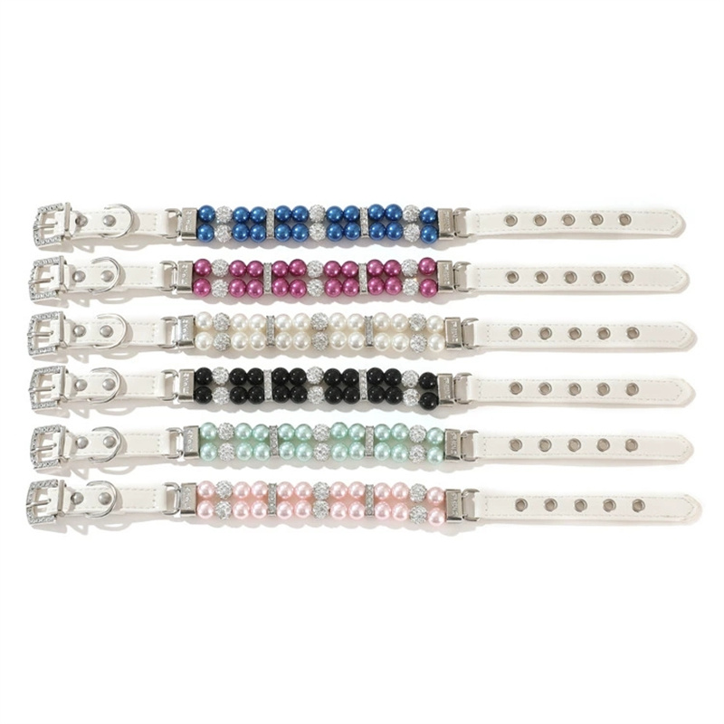 Pet Pearls Collar Leash Set 2 Rows Pearls Pet Necklace and PU Leather Pearl Leash Wire with Crystal Rhinestone Pet Collar