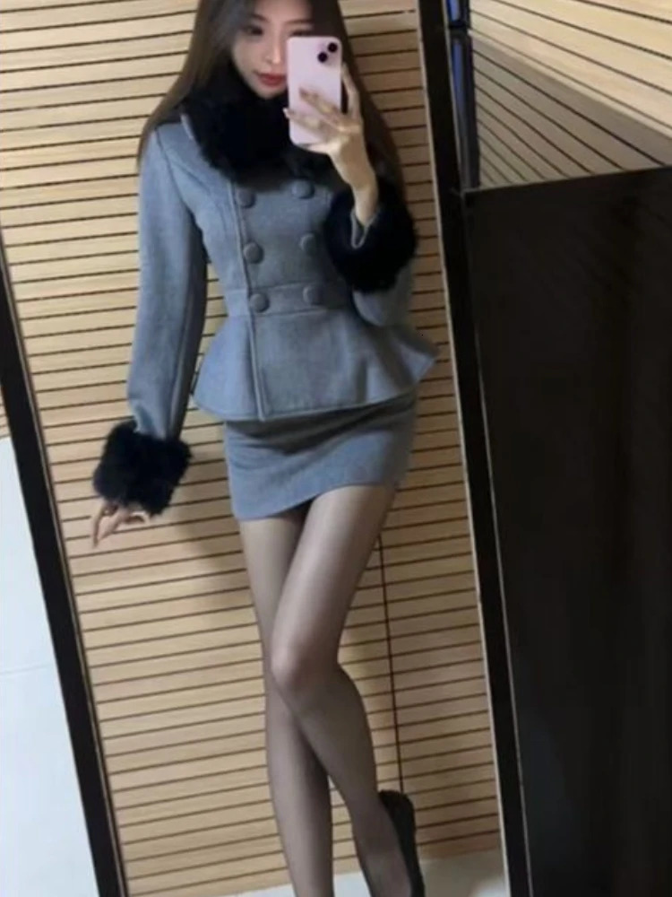 Winter Woolen Coat Collegiate Suit Woman Button Elegant Warm High Waist Retro Skirt Female Korea Style Chic Two Piece Set 250106