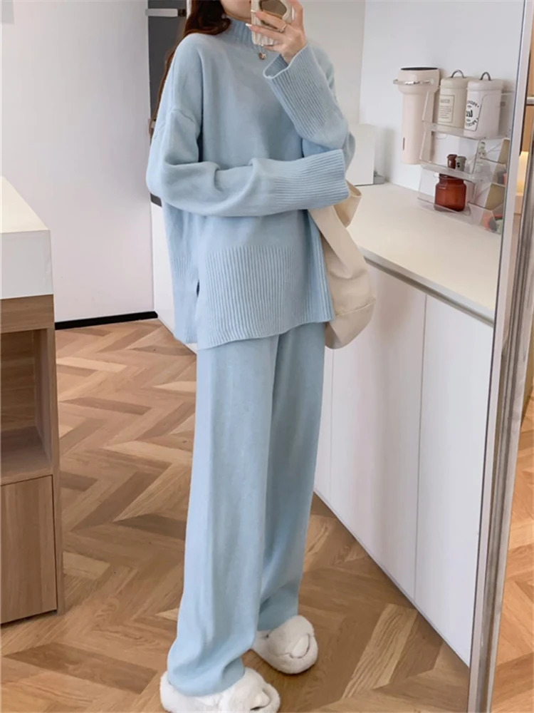 Seoulish Autumn Winter Split Womens Sweater Sets Fashion Solid Color Knitted Sweaters Casual Pants Twopiece 250106