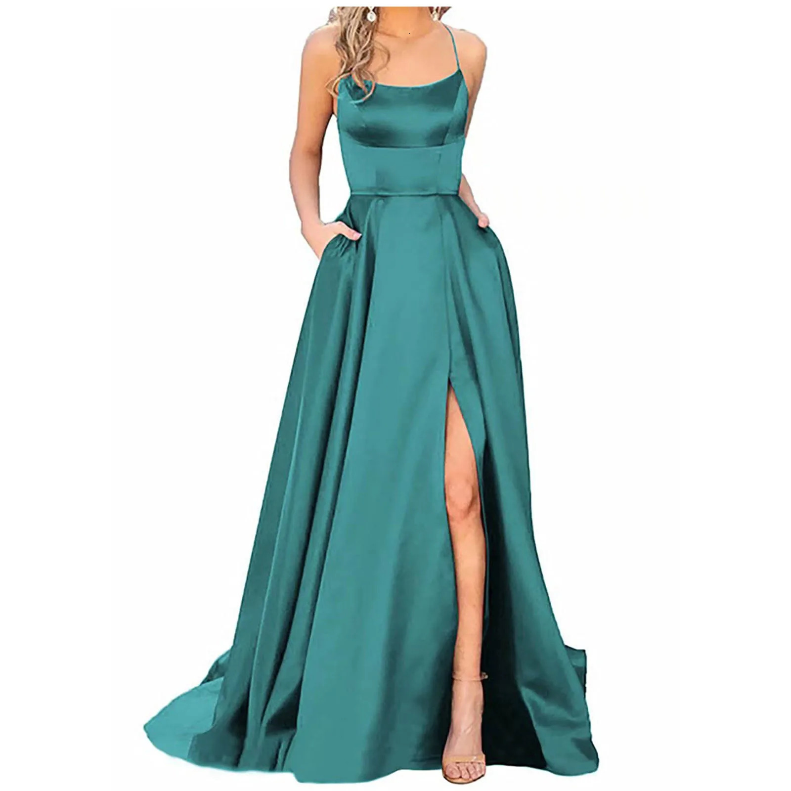 WomenS Long Dresses Backless Satin Strap Party Dress Side Slit Wedding Pockets Plus Size For Women 250106