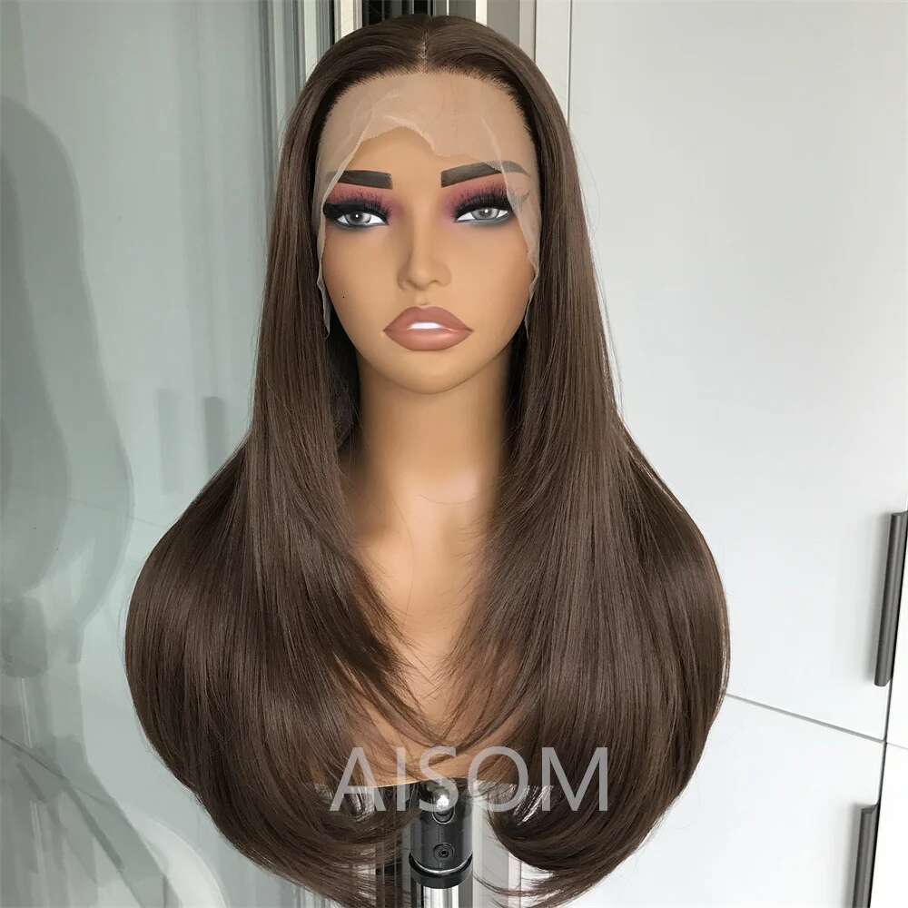 Chocolate Brown Layered Straight Front Synthetic Hair Pre Plucked Highlight Blonde Colored Lace Wig For Black Women