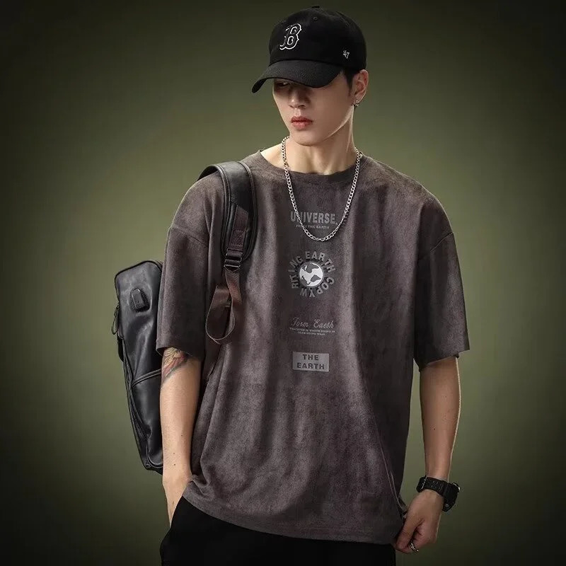 Summer Graphic Printed Suede Short Sleeve Tshirt For Men Y2K Streetwear Oversized Tee Shirts Hip Hop ONeck Tops 250106