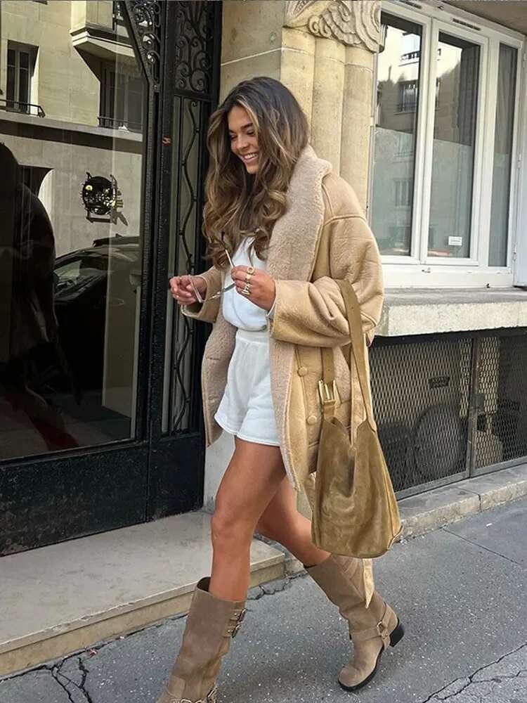 Elegant Double-Breasted Large Lapel Lamb Wool Leather Patchwork Coat Full Sleeve Pocket Belt Jacket 2024 New Ladies Winter Wear