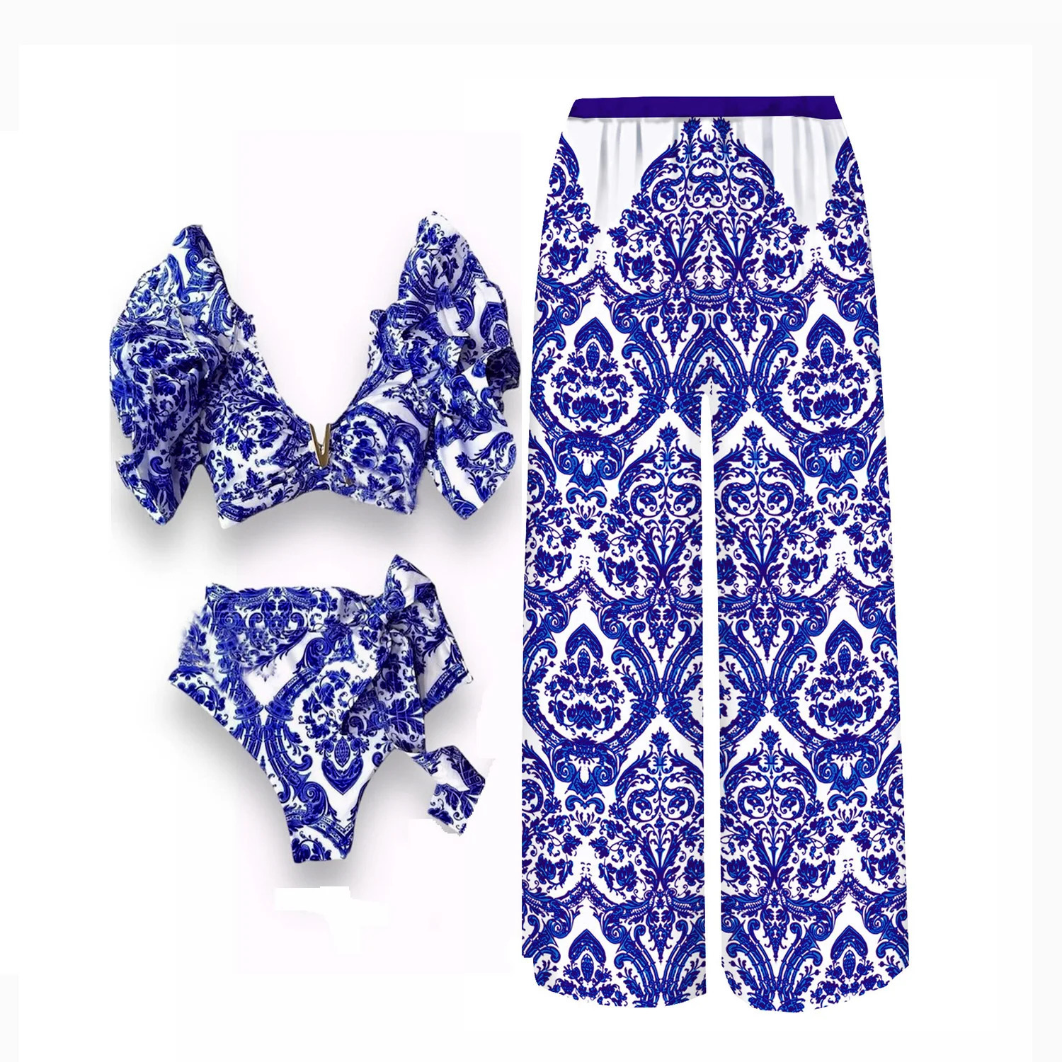 Fashion Printed Bikini With Pants Sexy Women Swimwear Off Shoulder Swimsuit Female Biquini Bathingsuit Bodaysuit Beachwear 250108