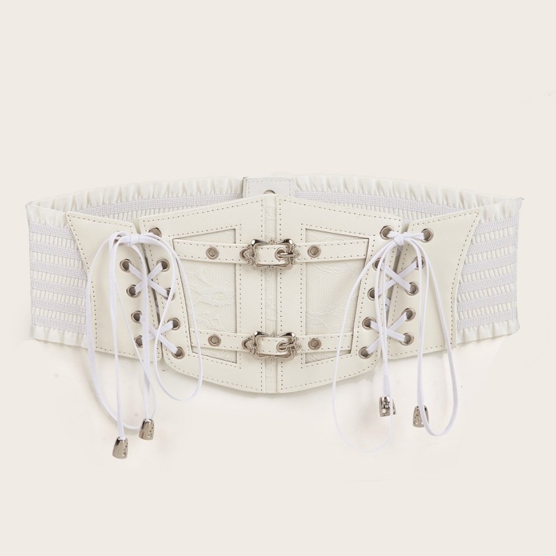 Ladies' Vintage Fashion Belt Wrap - Adjustable Lace Up Leather Bodice with Ornate Metal Buckles