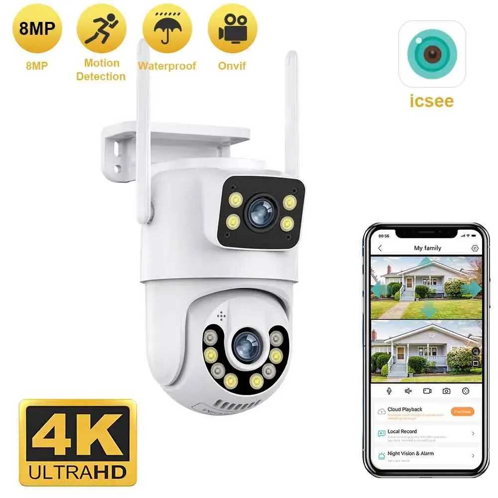 Mini dual lens dual screen 4K 8MP PTZ WIFI high-definition IP camera outdoor automatic tracking security CCTV monitoring ICSee X250110