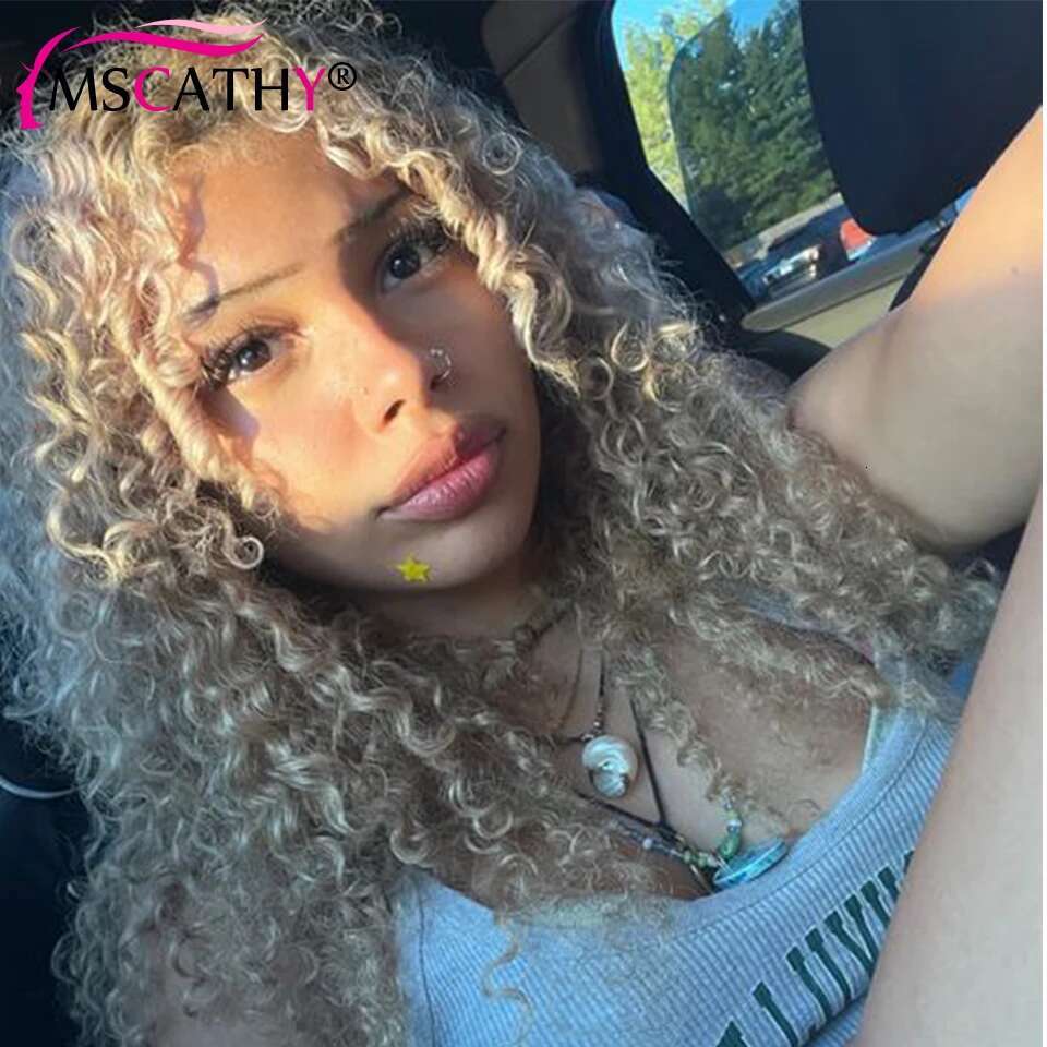 250% Glueless Ash Blonde Colored Human Hair For Women 13x4 13x6 Afro Kinky Curly Transparent Lace Frontal Wigs