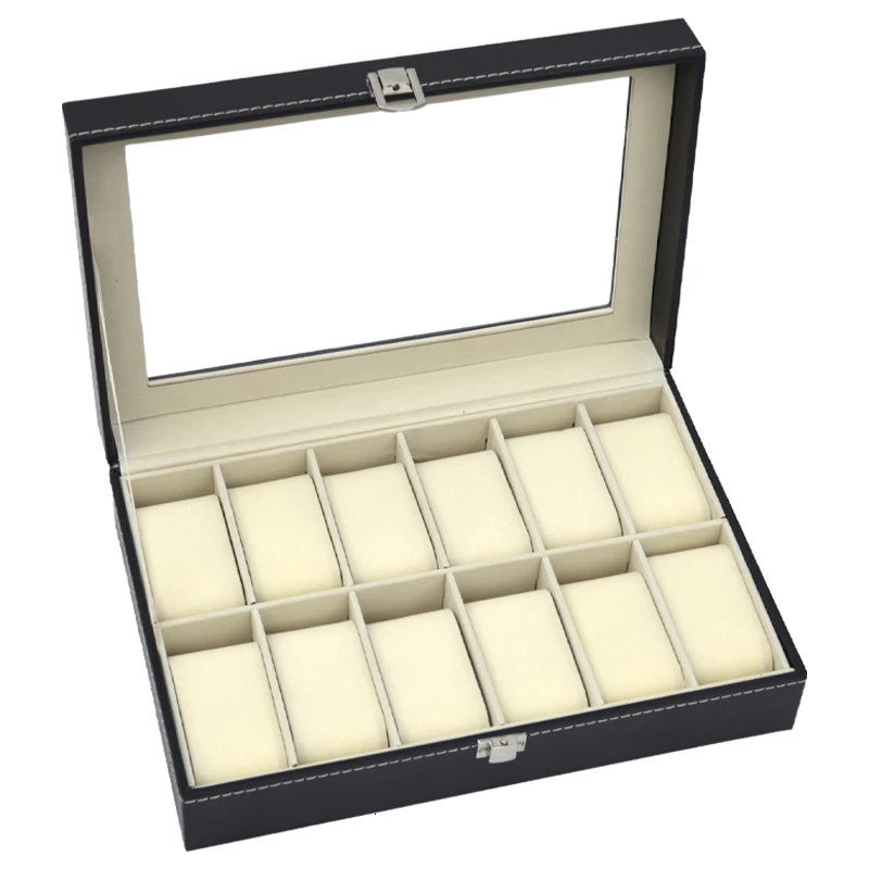PU Leather Display Storage Collection Organizer Watch Box For Men Case With Glass Top 250109