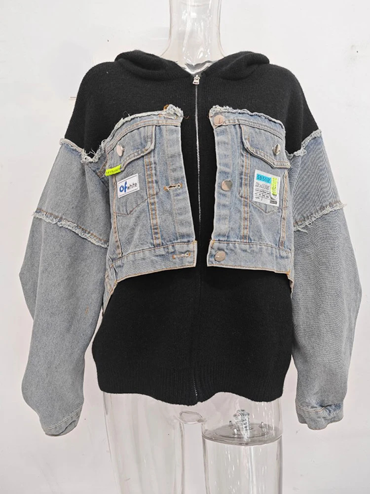 EWQ Denim Patchwork Cardigan Coat Women Long Sleeve Hooded Loose Letter Patch Sweater Jacket Autumn Winter 16U3893 250108