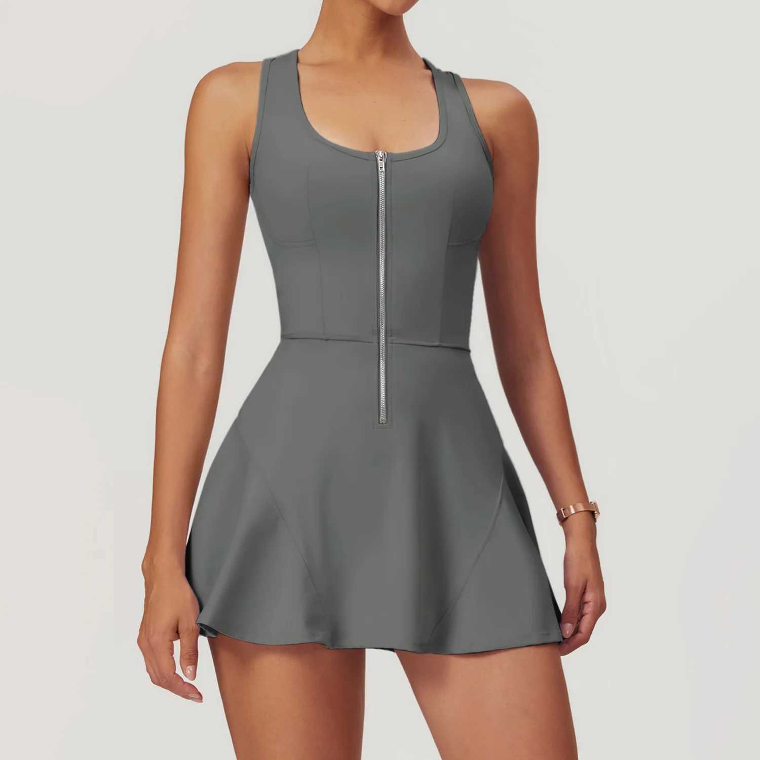 Zipper Sleeveless Yoga Bodysuit Womens Jumpsuits Skirt Yoga Set Gym Clothes Push-up Workout Tracksuit Dance Fitness BodysuitXJ250109