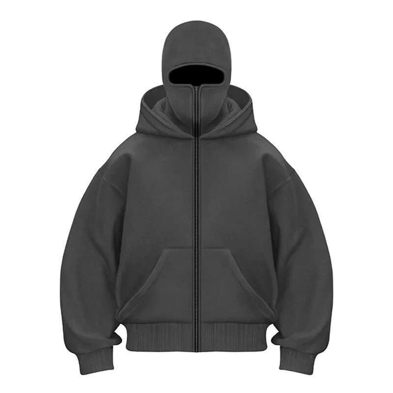 Balaclava Integrated Hoodie Men Soild Color Ninja Pullover Sweatshirt Hip Hop Splicing Y2k Vintage Winter Streetwear Couple Tops