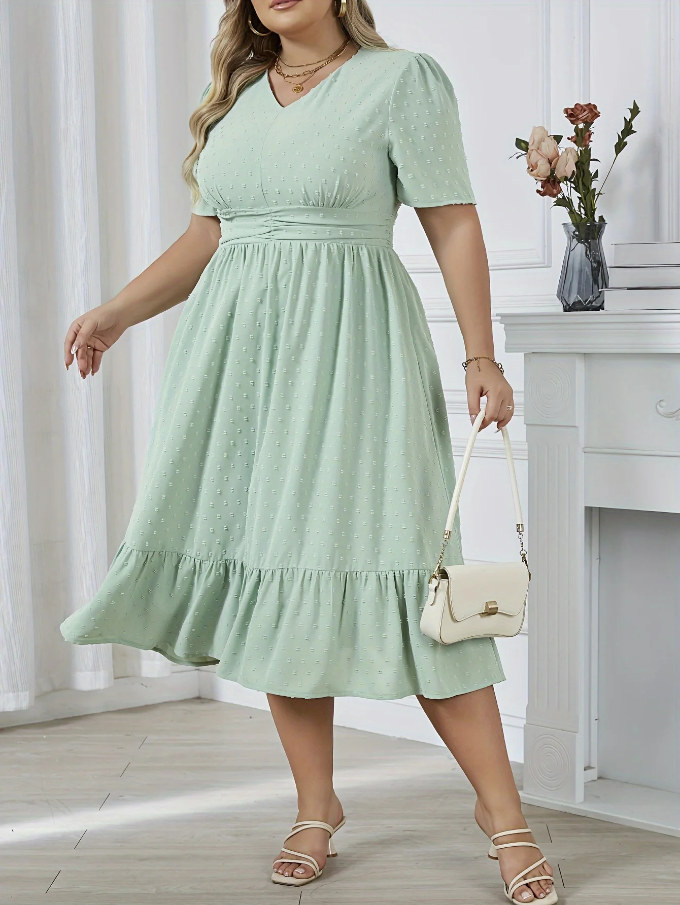 0XL4XL Plus Size Waist Swing Pleated Dress Vneck Solid Color Aline Skirt Elegant Fashion Lady Temperament Gentle 250106