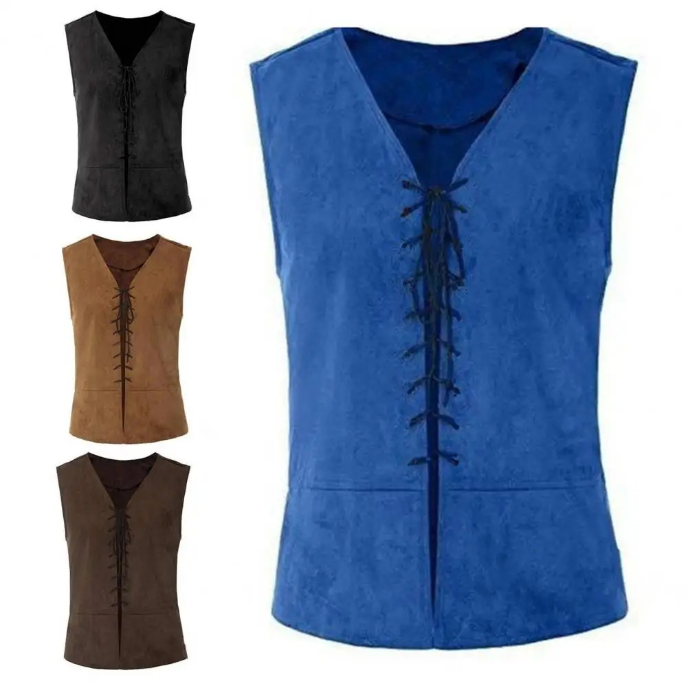 Vintage Men Pirate Vest Medieval Lace Up Sleeveless Cosplay Performance Hallowen Party Role Play Tank Top 250107