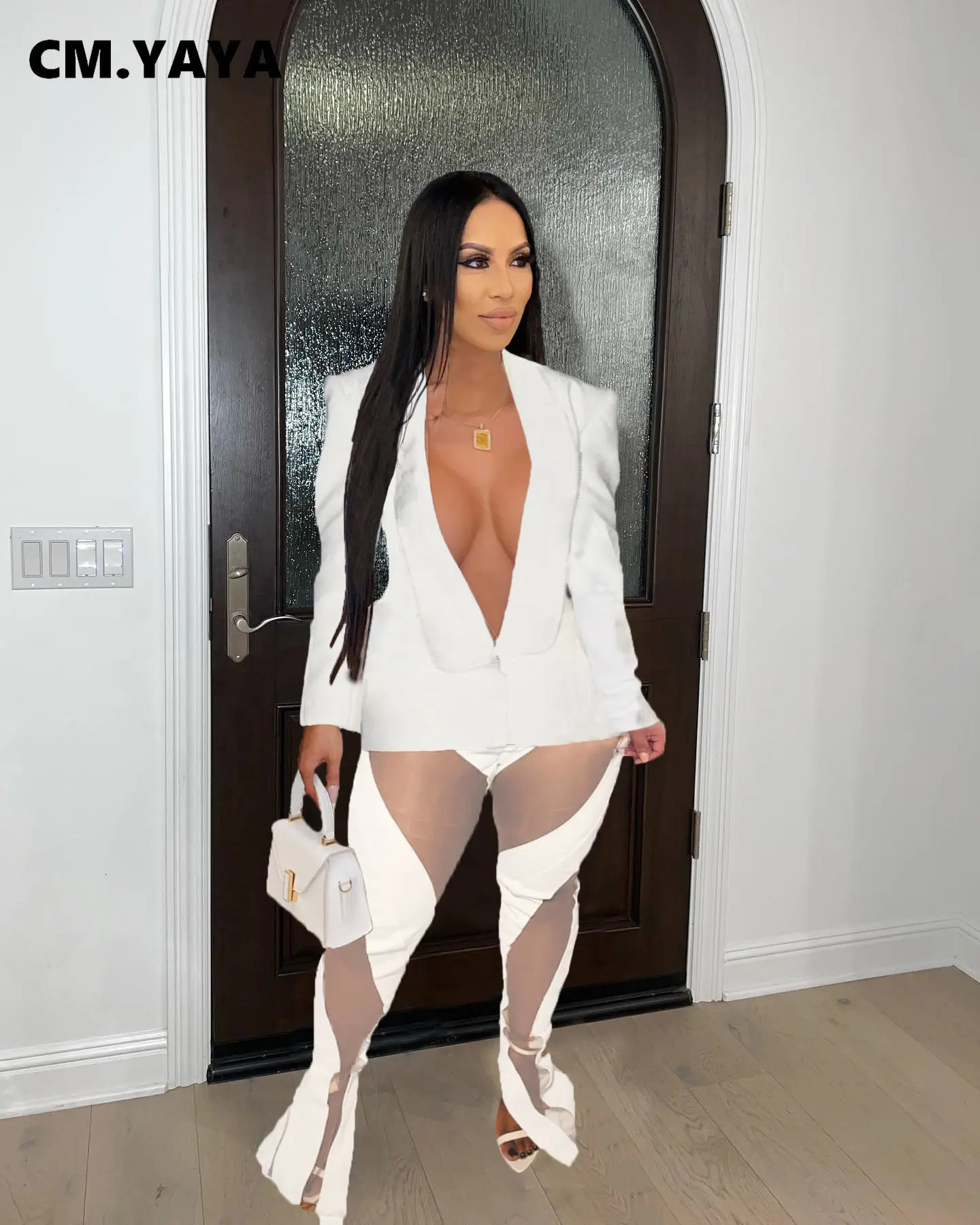 CMYAYA Elegant Women Two 2 Piece Set Outfits One Button Blazer Top and Mesh Patchwork Slit Flare Pants Suit Street Tracksuit 250106